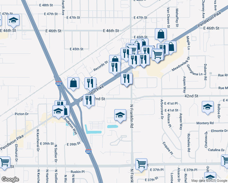 map of restaurants, bars, coffee shops, grocery stores, and more near 4235 Marten Court West in Lawrence