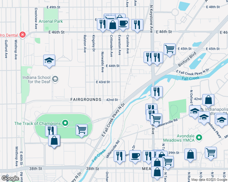 map of restaurants, bars, coffee shops, grocery stores, and more near 4239 Crittenden Avenue in Indianapolis