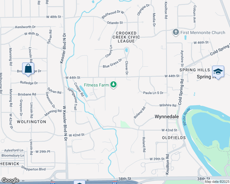 map of restaurants, bars, coffee shops, grocery stores, and more near 4305 Sunrise Road in Indianapolis