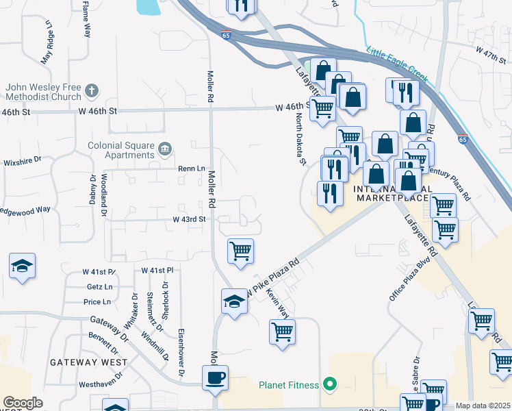 map of restaurants, bars, coffee shops, grocery stores, and more near West 43rd Street in Indianapolis