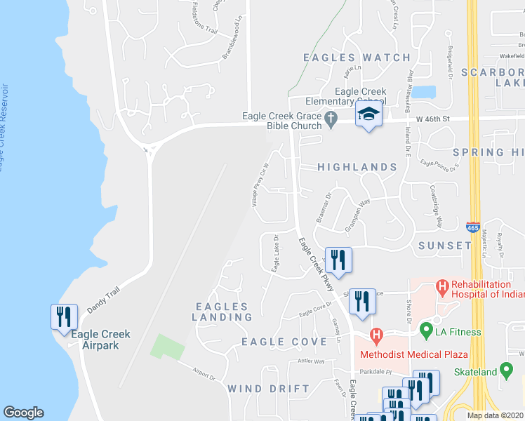 map of restaurants, bars, coffee shops, grocery stores, and more near 4301 Village Parkway Circle West in Indianapolis