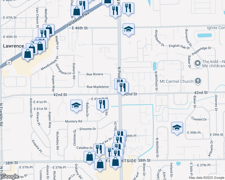 map of restaurants, bars, coffee shops, grocery stores, and more near 8944 East 42nd Street in Lawrence