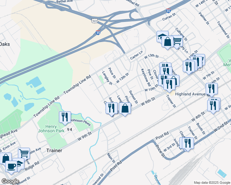 map of restaurants, bars, coffee shops, grocery stores, and more near 3800 West 12th Street in Marcus Hook