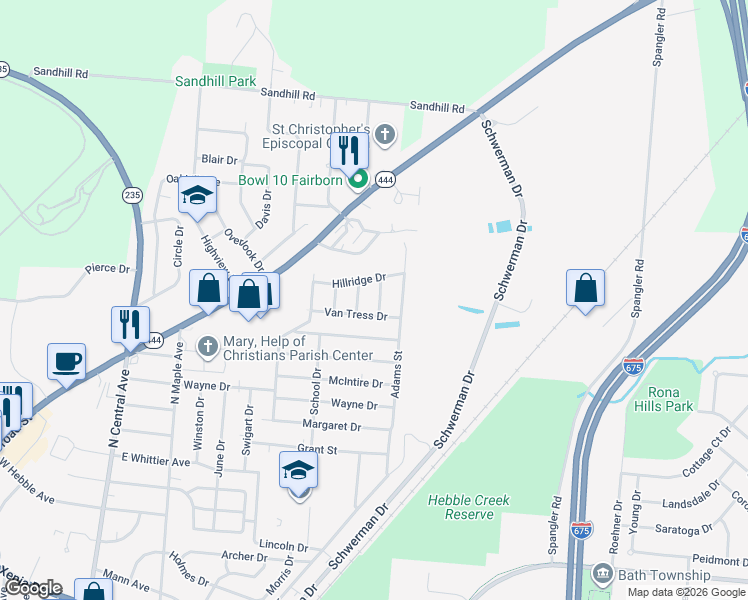 map of restaurants, bars, coffee shops, grocery stores, and more near 1237 Kneisley Drive in Fairborn