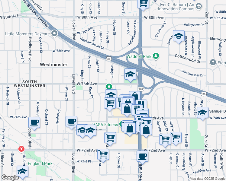 map of restaurants, bars, coffee shops, grocery stores, and more near 3290 West 76th Avenue in Westminster