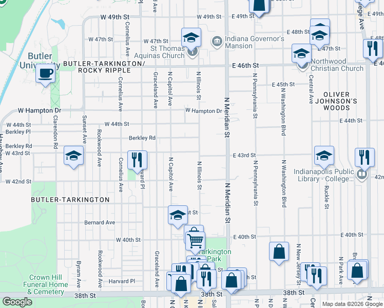 map of restaurants, bars, coffee shops, grocery stores, and more near 4290 North Illinois Street in Indianapolis