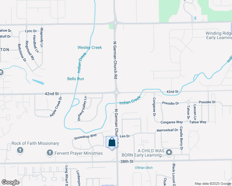 map of restaurants, bars, coffee shops, grocery stores, and more near E 42nd St & N German Church Rd in Indianapolis