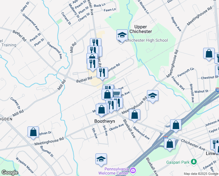 map of restaurants, bars, coffee shops, grocery stores, and more near 1125 Clements Avenue in Boothwyn