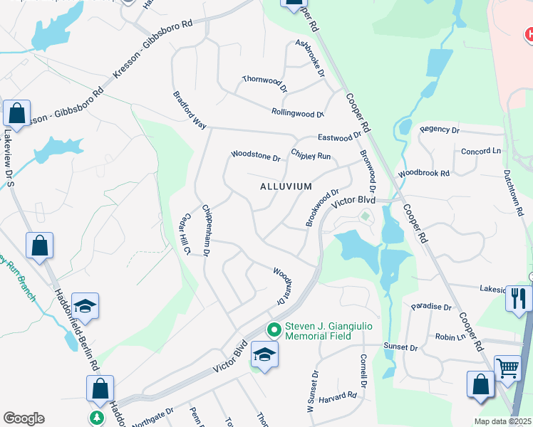 map of restaurants, bars, coffee shops, grocery stores, and more near 42 Eastwood Drive in Voorhees Township