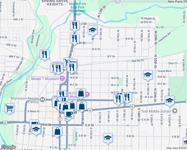 map of restaurants, bars, coffee shops, grocery stores, and more near 1117 North E Street in Richmond