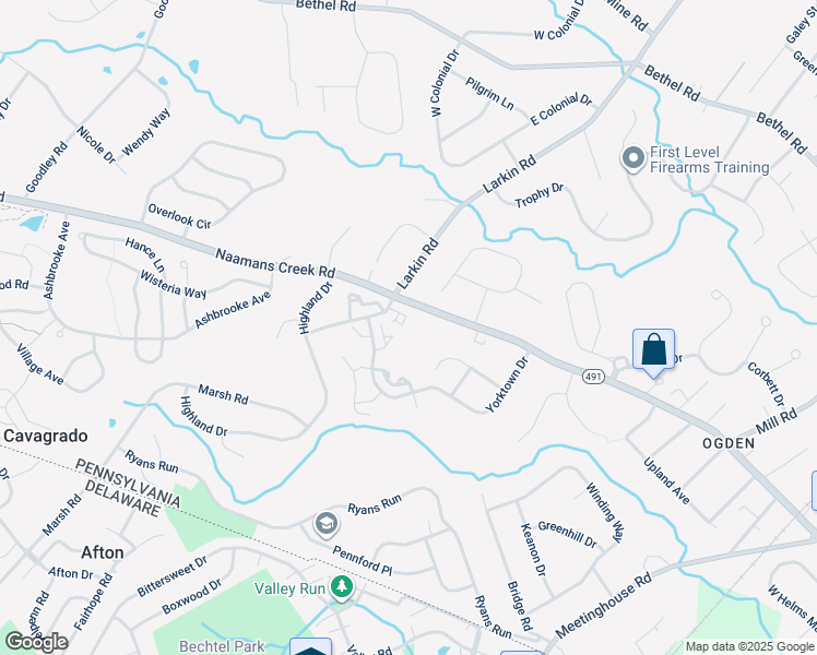 map of restaurants, bars, coffee shops, grocery stores, and more near 13 Colonial Court in Delaware County