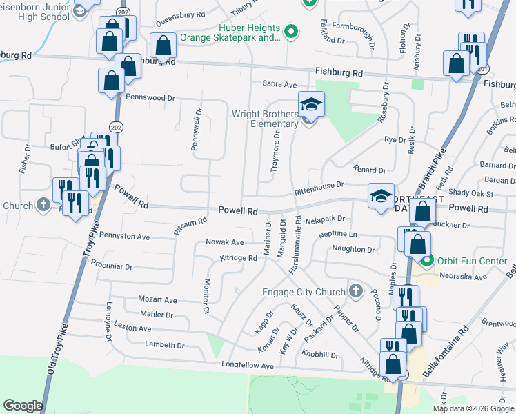 map of restaurants, bars, coffee shops, grocery stores, and more near 5616 Tomberg Street in Dayton