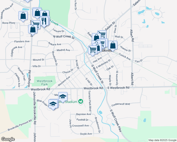 map of restaurants, bars, coffee shops, grocery stores, and more near 34 McKinley Street in Brookville