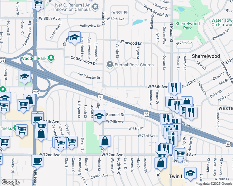 map of restaurants, bars, coffee shops, grocery stores, and more near 2250 West 76th Avenue in Denver