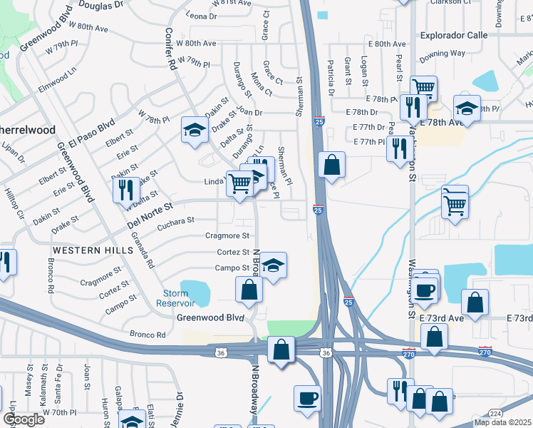 map of restaurants, bars, coffee shops, grocery stores, and more near 7570 Broadway in Denver