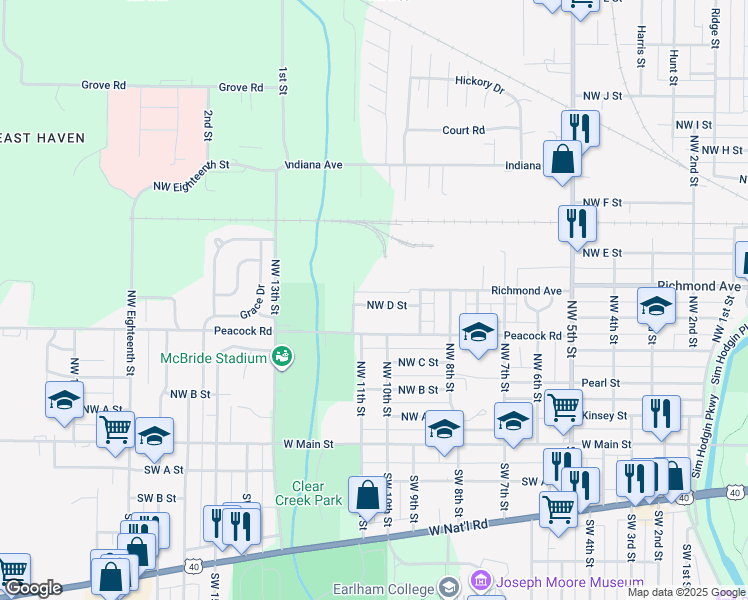map of restaurants, bars, coffee shops, grocery stores, and more near 1016 Northwest D Street in Richmond