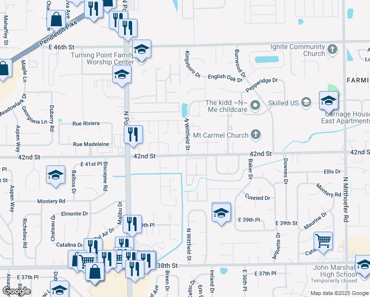map of restaurants, bars, coffee shops, grocery stores, and more near 4212 North Wittfield Street in Indianapolis