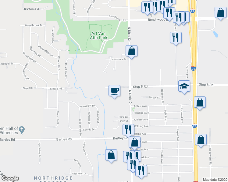 map of restaurants, bars, coffee shops, grocery stores, and more near 2870 Stop 8 Road in Dayton