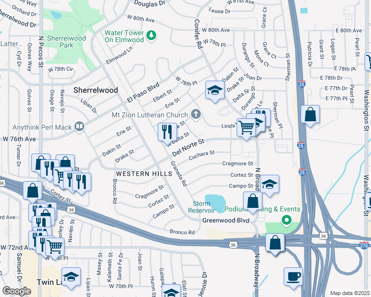 map of restaurants, bars, coffee shops, grocery stores, and more near Del Norte Street in Denver