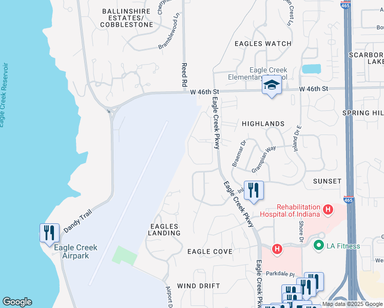 map of restaurants, bars, coffee shops, grocery stores, and more near 4301 Village Parkway Circle West in Indianapolis