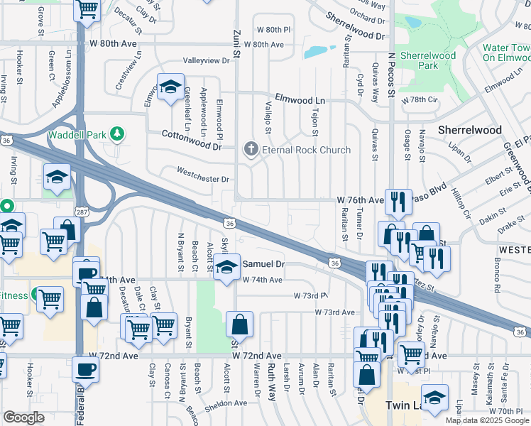 map of restaurants, bars, coffee shops, grocery stores, and more near 2250 West 76th Avenue in Denver