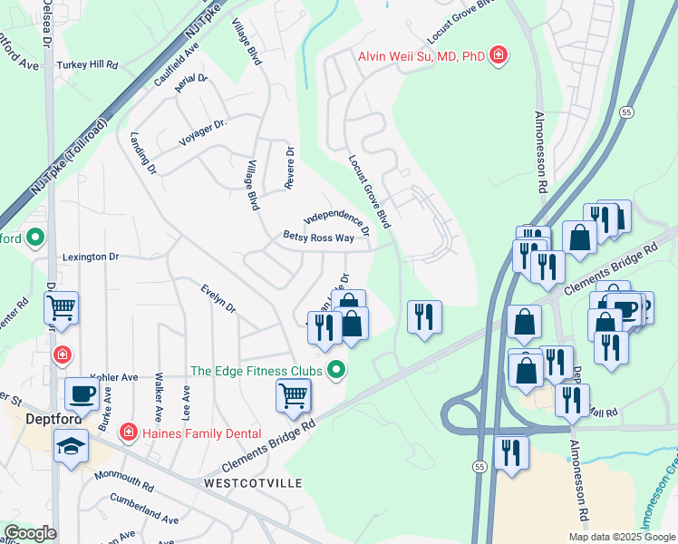 map of restaurants, bars, coffee shops, grocery stores, and more near 211 Nathan Hale Drive in Deptford