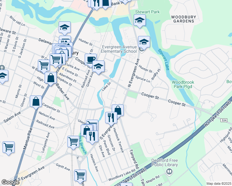 map of restaurants, bars, coffee shops, grocery stores, and more near 35 South Woodland Avenue in Woodbury