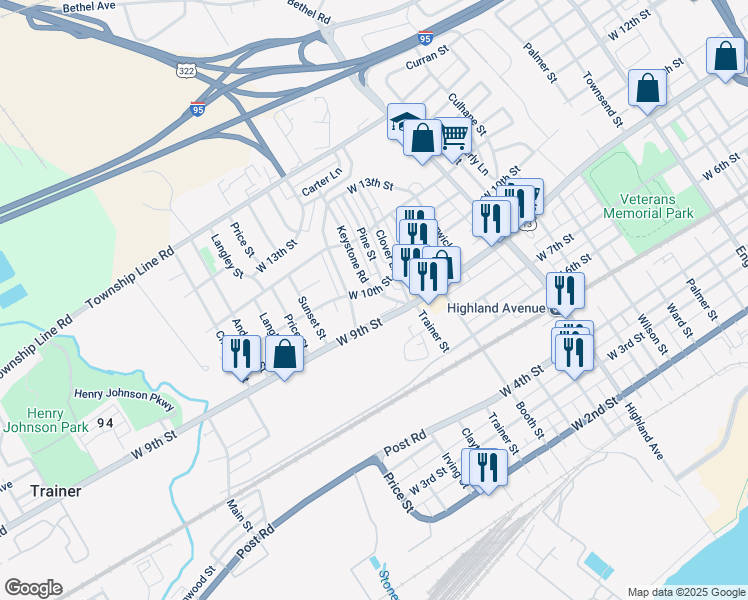 map of restaurants, bars, coffee shops, grocery stores, and more near 1004 Keystone Road in Chester