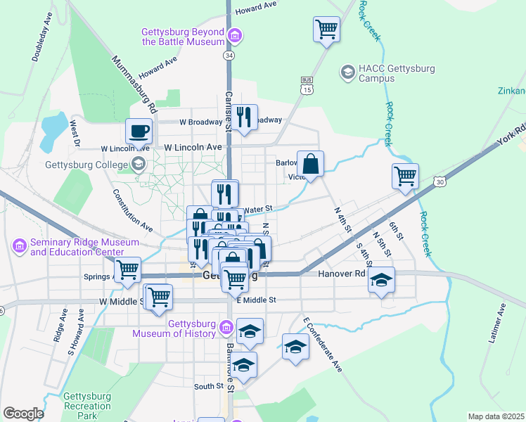 map of restaurants, bars, coffee shops, grocery stores, and more near 85 East Water Street in Gettysburg