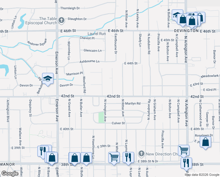 map of restaurants, bars, coffee shops, grocery stores, and more near 4214 North Whittier Place in Indianapolis