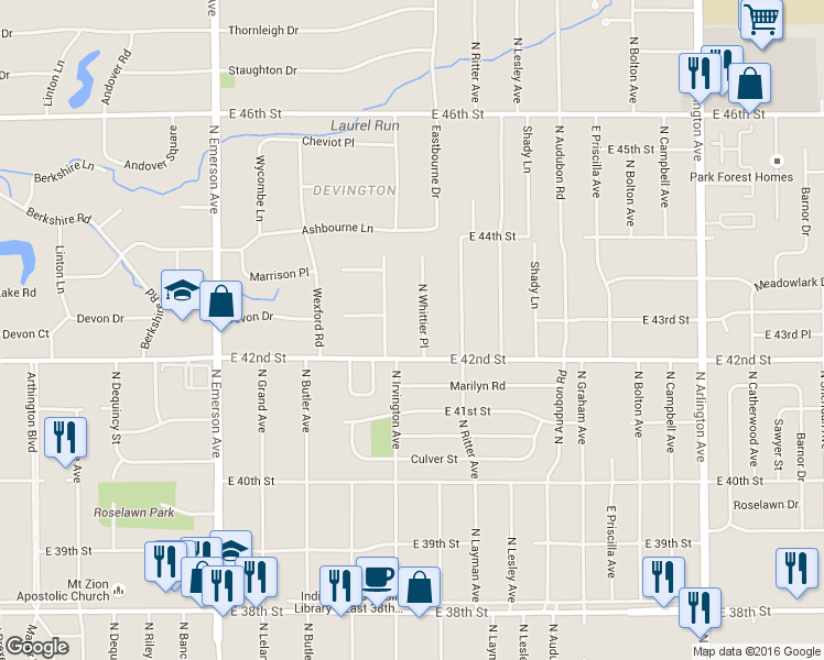 map of restaurants, bars, coffee shops, grocery stores, and more near 4214 North Whittier Place in Indianapolis