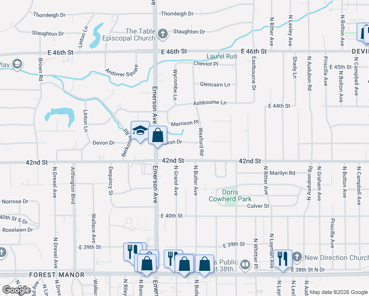 map of restaurants, bars, coffee shops, grocery stores, and more near 5143 Devon Drive in Indianapolis