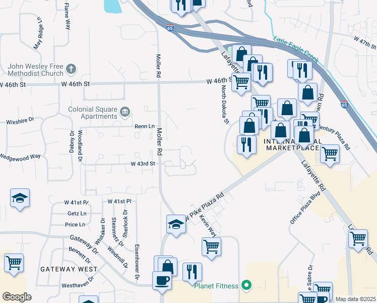 map of restaurants, bars, coffee shops, grocery stores, and more near 4373 Falcon Creek Boulevard in Indianapolis