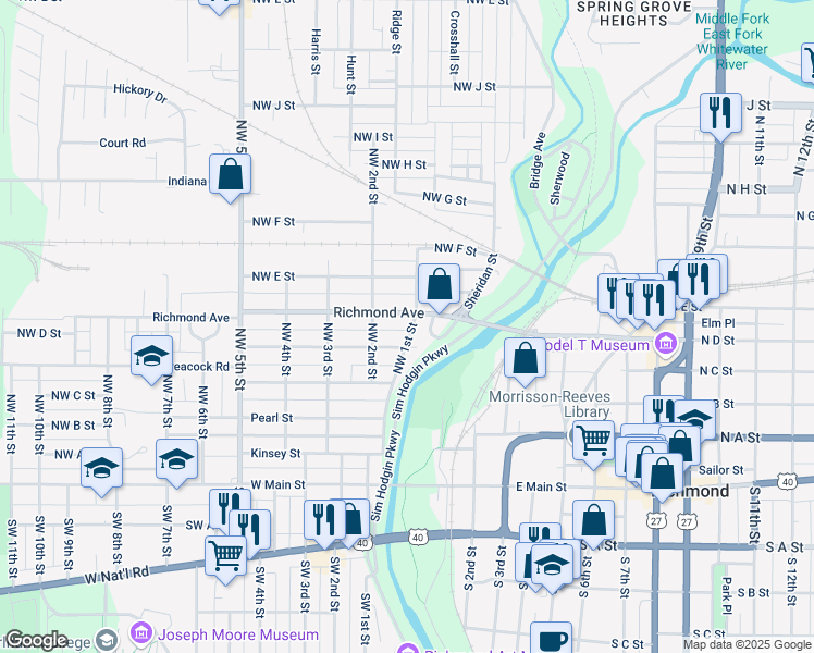map of restaurants, bars, coffee shops, grocery stores, and more near 416 Northwest 1st Street in Richmond