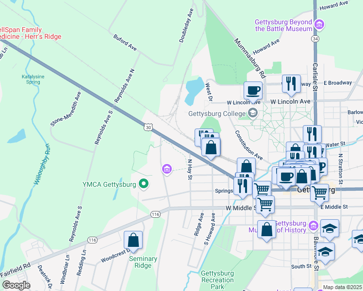 map of restaurants, bars, coffee shops, grocery stores, and more near 331 Buford Avenue in Gettysburg