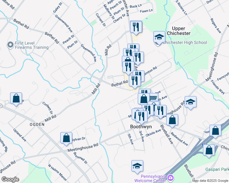 map of restaurants, bars, coffee shops, grocery stores, and more near 3158 Bethel Road in Boothwyn