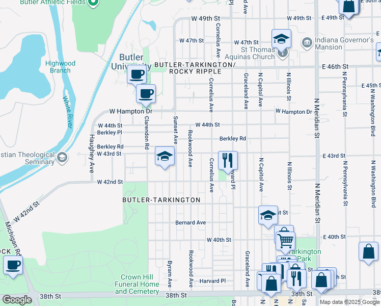 map of restaurants, bars, coffee shops, grocery stores, and more near Rookwood Avenue in Indianapolis
