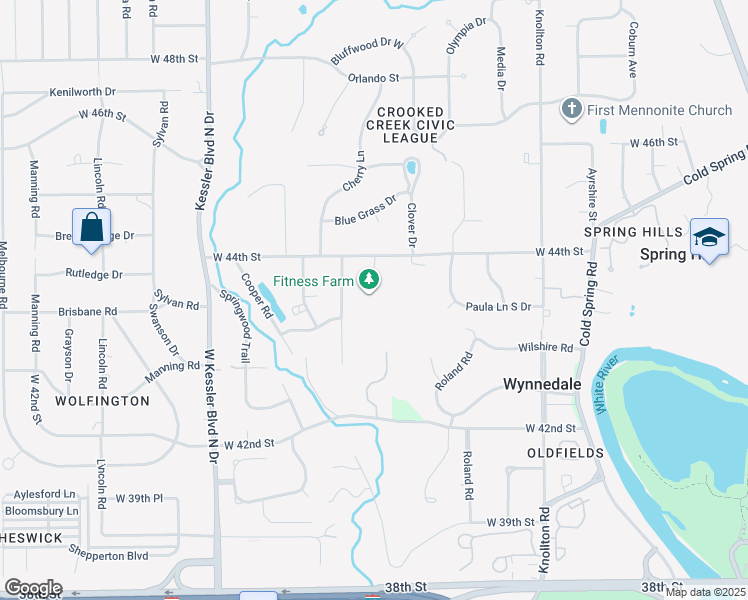 map of restaurants, bars, coffee shops, grocery stores, and more near 4305 Sunrise Road in Indianapolis