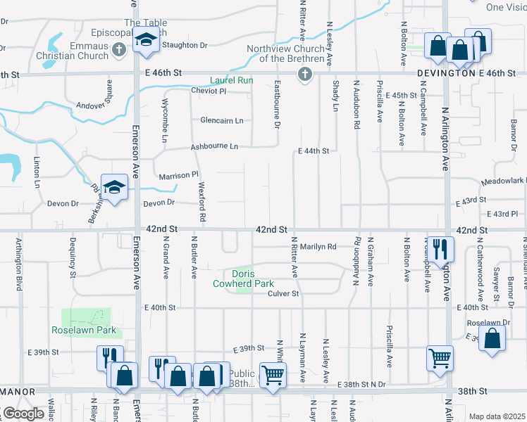 map of restaurants, bars, coffee shops, grocery stores, and more near 4214 North Whittier Place in Indianapolis