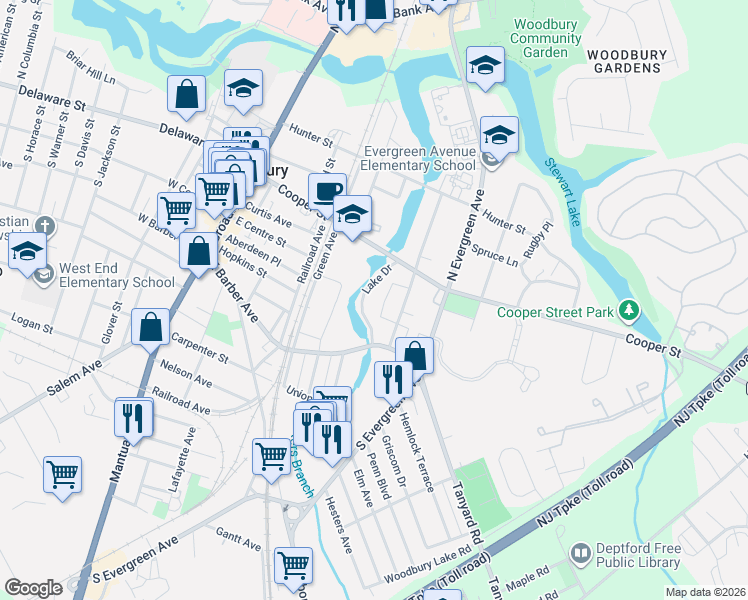map of restaurants, bars, coffee shops, grocery stores, and more near 46 Lake Drive in Woodbury