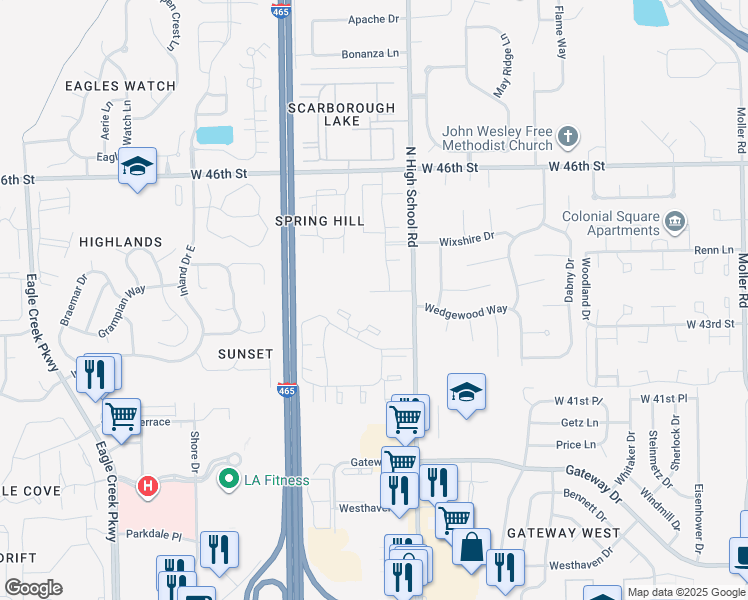 map of restaurants, bars, coffee shops, grocery stores, and more near 4390 North High School Road in Indianapolis