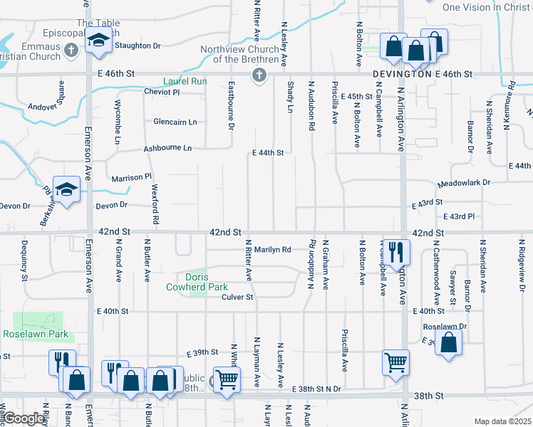 map of restaurants, bars, coffee shops, grocery stores, and more near 4212 North Lesley Avenue in Indianapolis