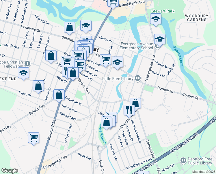 map of restaurants, bars, coffee shops, grocery stores, and more near 122 Green Avenue in Woodbury