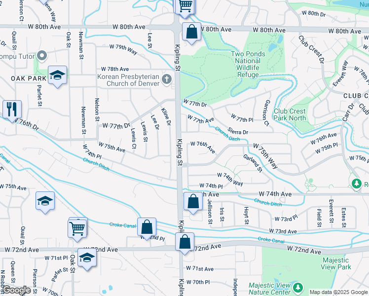 map of restaurants, bars, coffee shops, grocery stores, and more near 7571 Johnson Street in Arvada