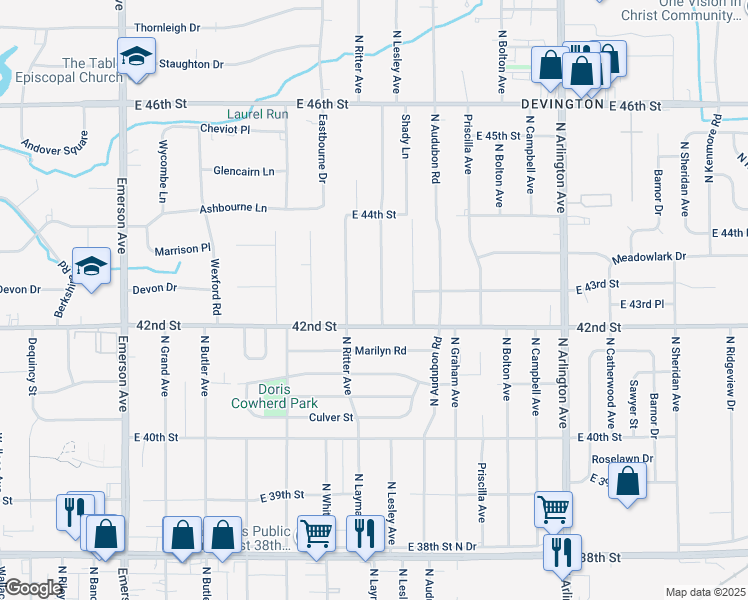 map of restaurants, bars, coffee shops, grocery stores, and more near 4212 North Lesley Avenue in Indianapolis