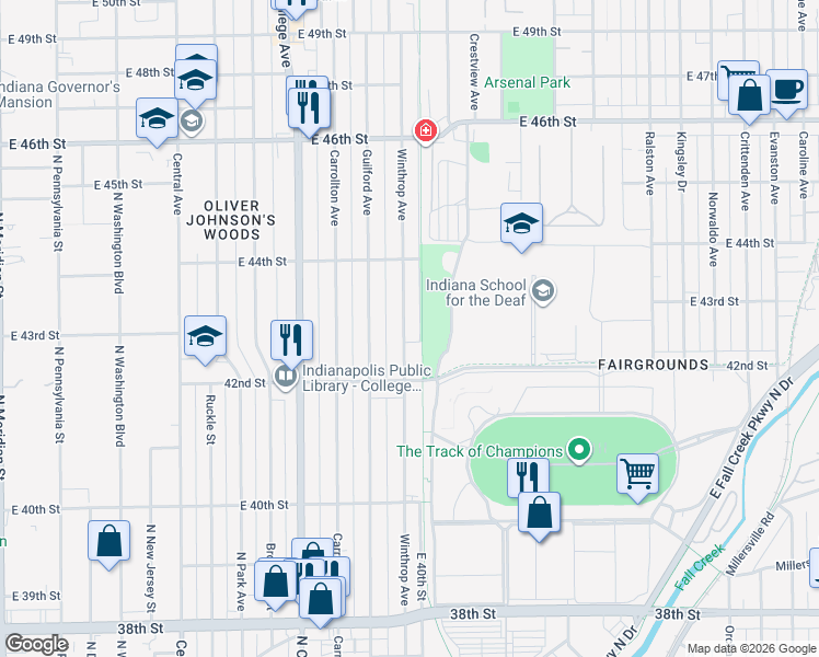map of restaurants, bars, coffee shops, grocery stores, and more near 4255 Winthrop Avenue in Indianapolis