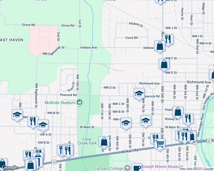 map of restaurants, bars, coffee shops, grocery stores, and more near 1016 Northwest D Street in Richmond