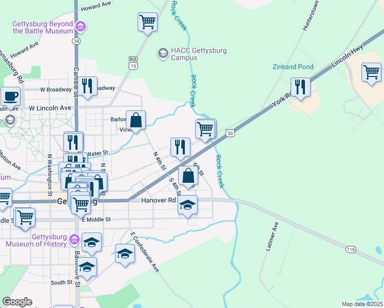map of restaurants, bars, coffee shops, grocery stores, and more near 606 U.S. 30 in Gettysburg