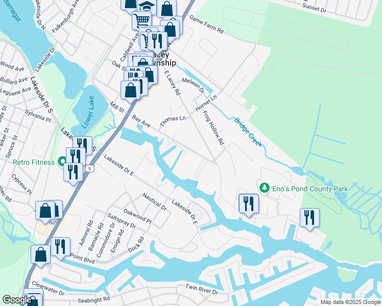 map of restaurants, bars, coffee shops, grocery stores, and more near 117 Bay Avenue in Lacey Township