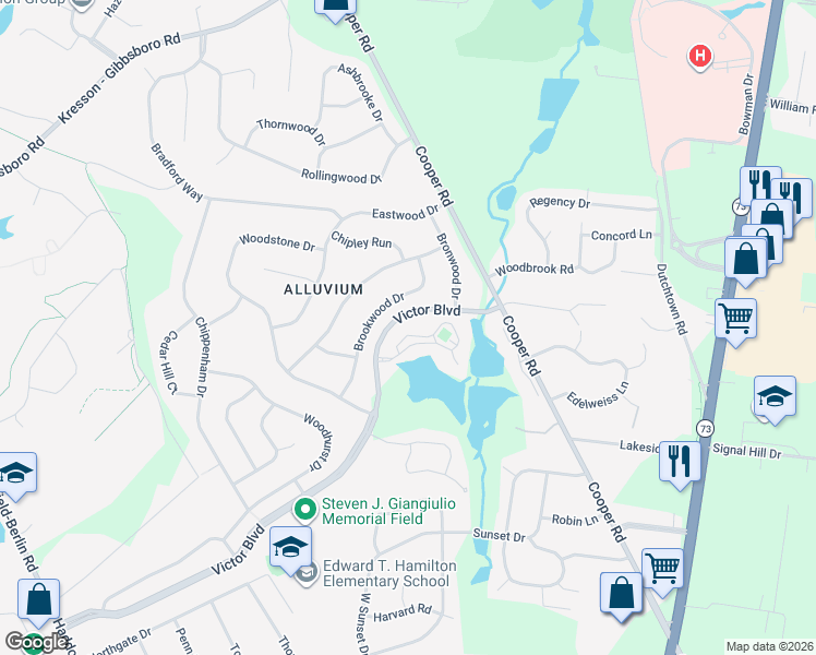 map of restaurants, bars, coffee shops, grocery stores, and more near 1003 Champlain Drive in Voorhees Township